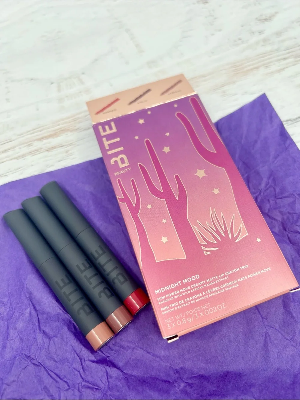 NIB Bite Beauty Midnight Mood Mini Power Move Creamy Matte Lip Crayon Trio